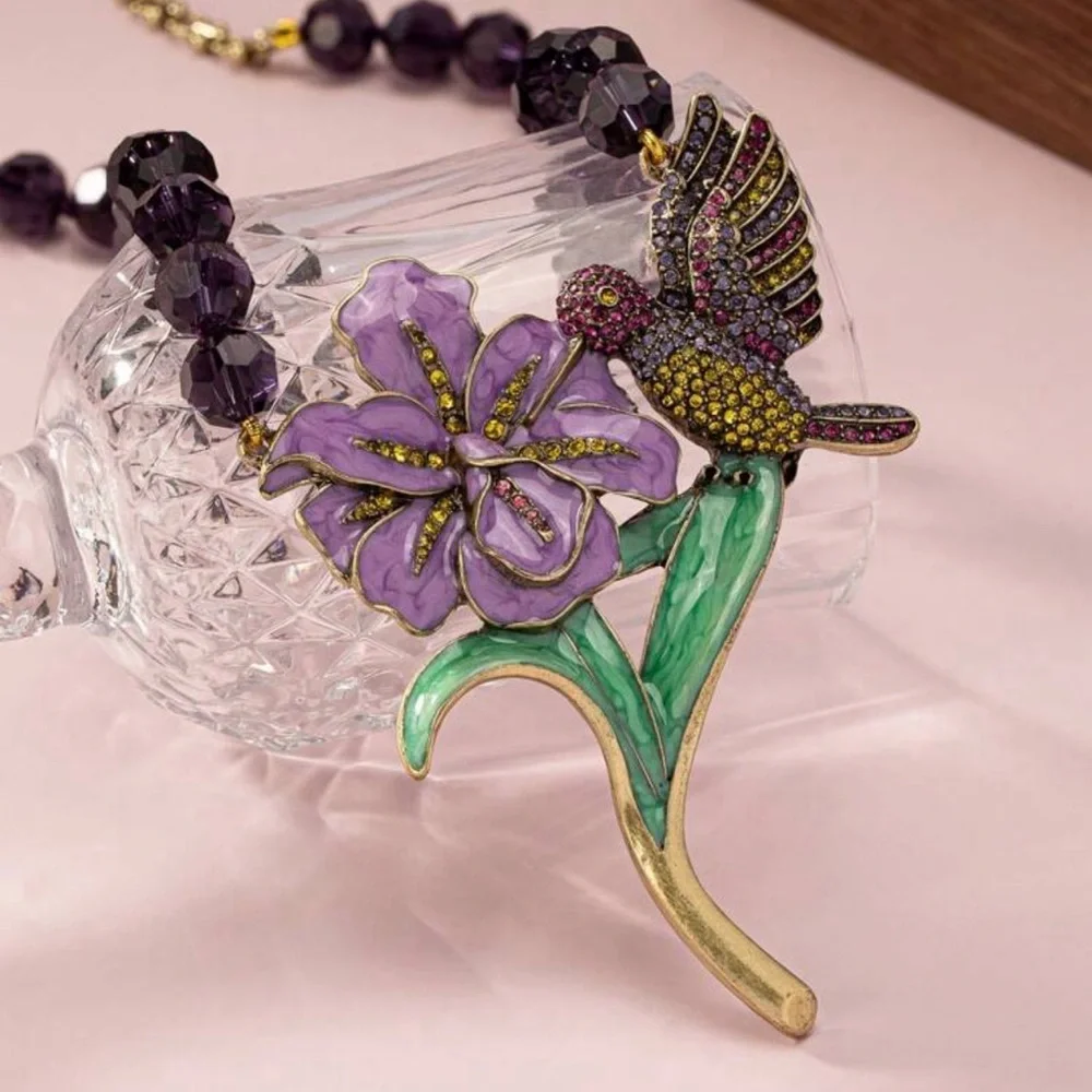 Hummingbird Colorful Rhinestone Enamel Necklace Purple Bead Large Flower NEW